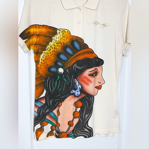Vintage Ed Hardy by Christian Audigier Native Girl Airbrush Polo Shirt – Size M - Picture 2 of 11
